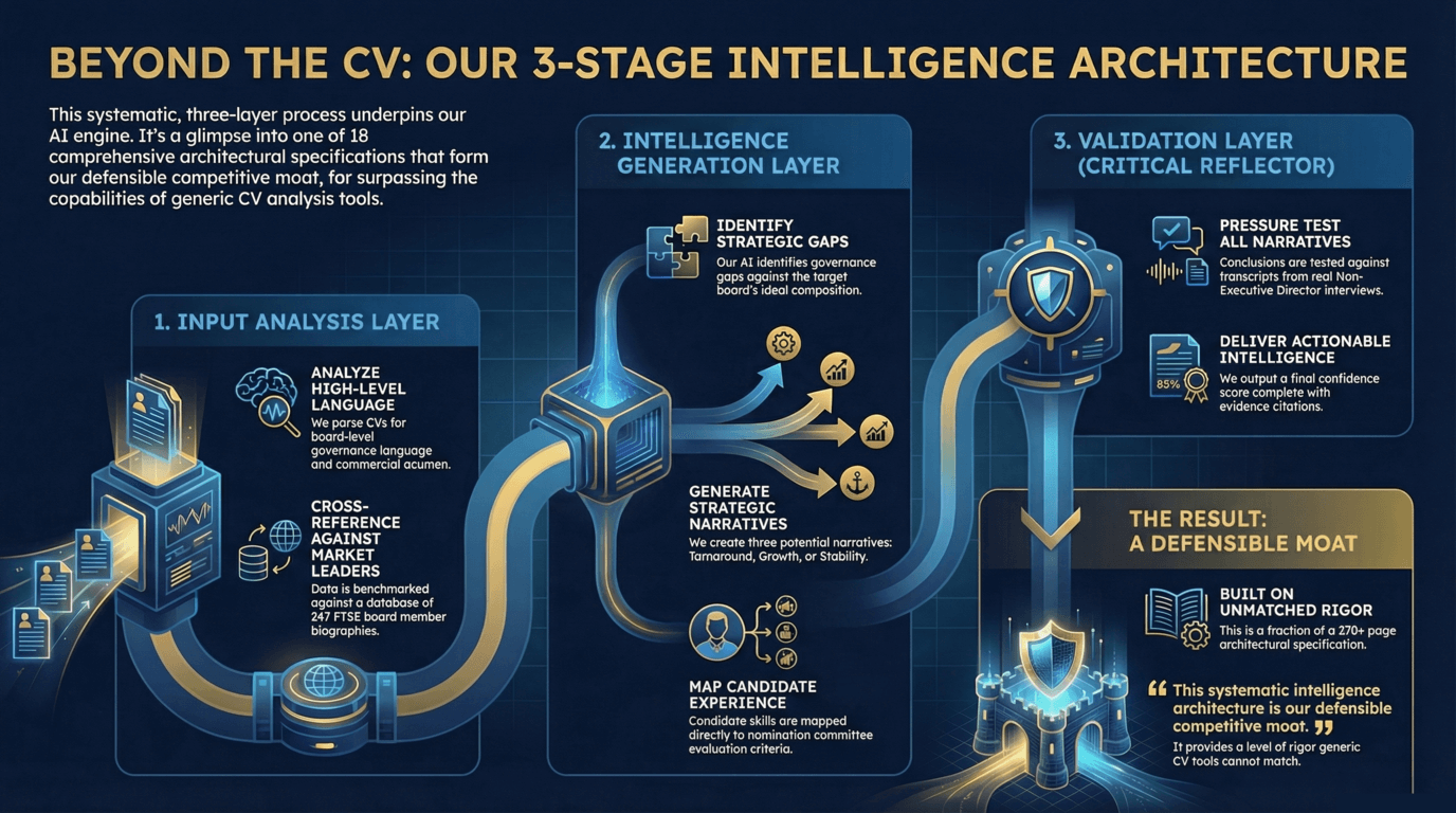 Career Architect AI 3-Stage Intelligence Architecture diagram showing Layer 1 Input Analysis parsing CVs for board-level governance language and cross-referencing against database of 247 FTSE board member biographies, Layer 2 Intelligence Generation identifying strategic gaps and generating three potential narratives for Turnaround Growth or Stability while mapping candidate experience to nomination committee evaluation criteria, and Layer 3 Validation Layer with Critical Reflector pressure-testing all narratives against transcripts from real Non-Executive Director interviews and delivering actionable intelligence with final confidence score complete with evidence citations, built on unmatched rigor as fraction of 270-page architectural specification