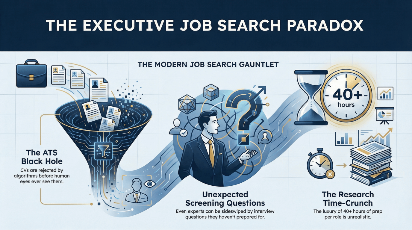 The Executive Job Search Paradox infographic showing the modern job search gauntlet with three critical challenges: The ATS Black Hole where CVs are rejected by algorithms before human eyes ever see them, Unexpected Screening Questions where even experts can be sideswiped by interview questions they have not prepared for, and The Research Time-Crunch where the luxury of 40+ hours of prep per role is unrealistic for busy professionals applying to multiple positions