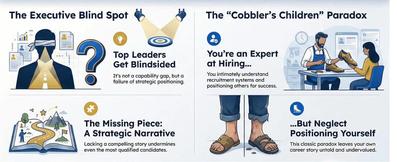 The Executive Blind Spot and Cobbler's Children Paradox infographic showing how top HR leaders get blindsided not by capability gap but by failure of strategic positioning when the missing piece is a strategic narrative that lacking a compelling story undermines even the most qualified candidates, while the Cobbler's Children Paradox illustrates that you are an expert at hiring and intimately understand recruitment systems and positioning others for success but neglect positioning yourself leaving your own career story untold and undervalued